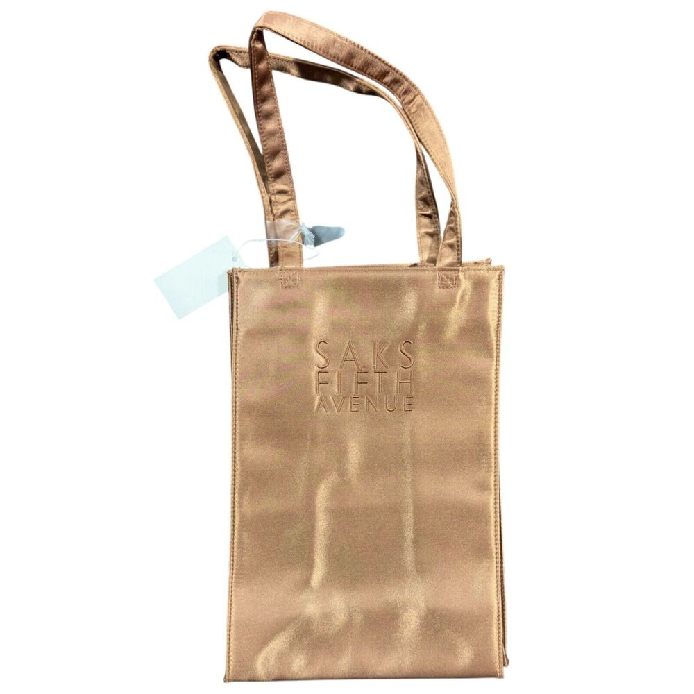 Saks Fifth Avenue Women's Matelic Gold Embroidered Double Handles Tote Bag NWT